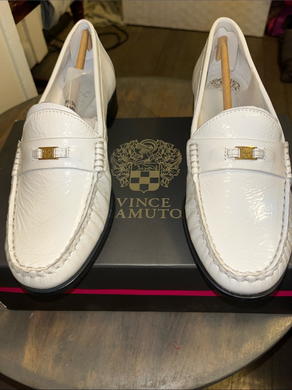 Vince Camuto White Patent Leather Penny Loafers with Gold Accent